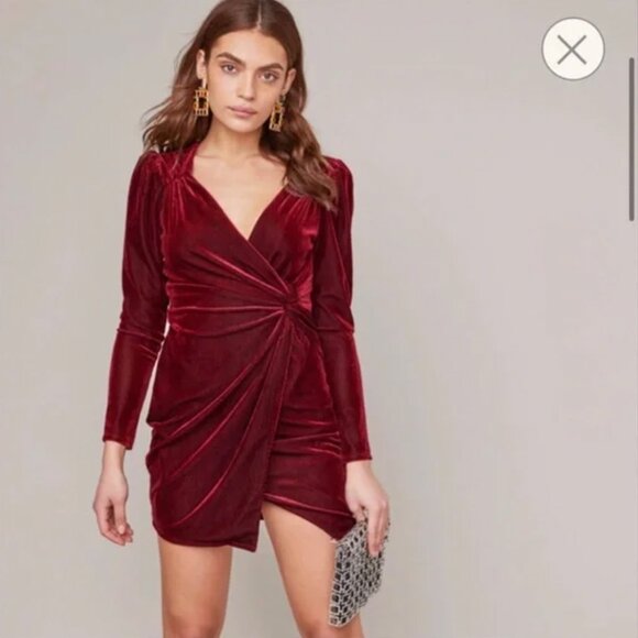ASTR the Label Lanita Red Merlot Velvet Faux Wrap Holiday Mini Dress Size Medium - Picture 1 of 7